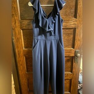 Tahari Navy Ruffle V-Neck Jumpsuit, Size 12